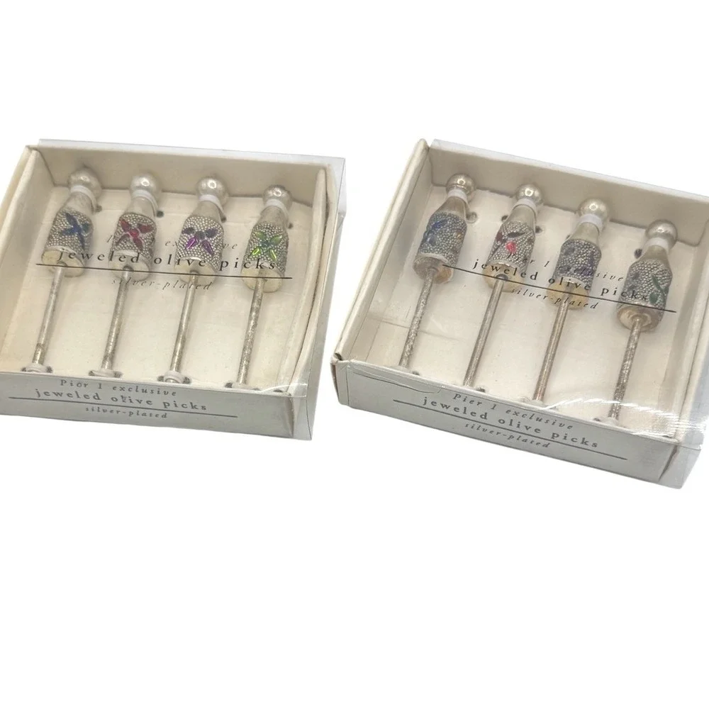 Pier 1 Imports‎ Jeweled Olive Picks Silver Plated 2 Boxes of 4 Cocktail Picks